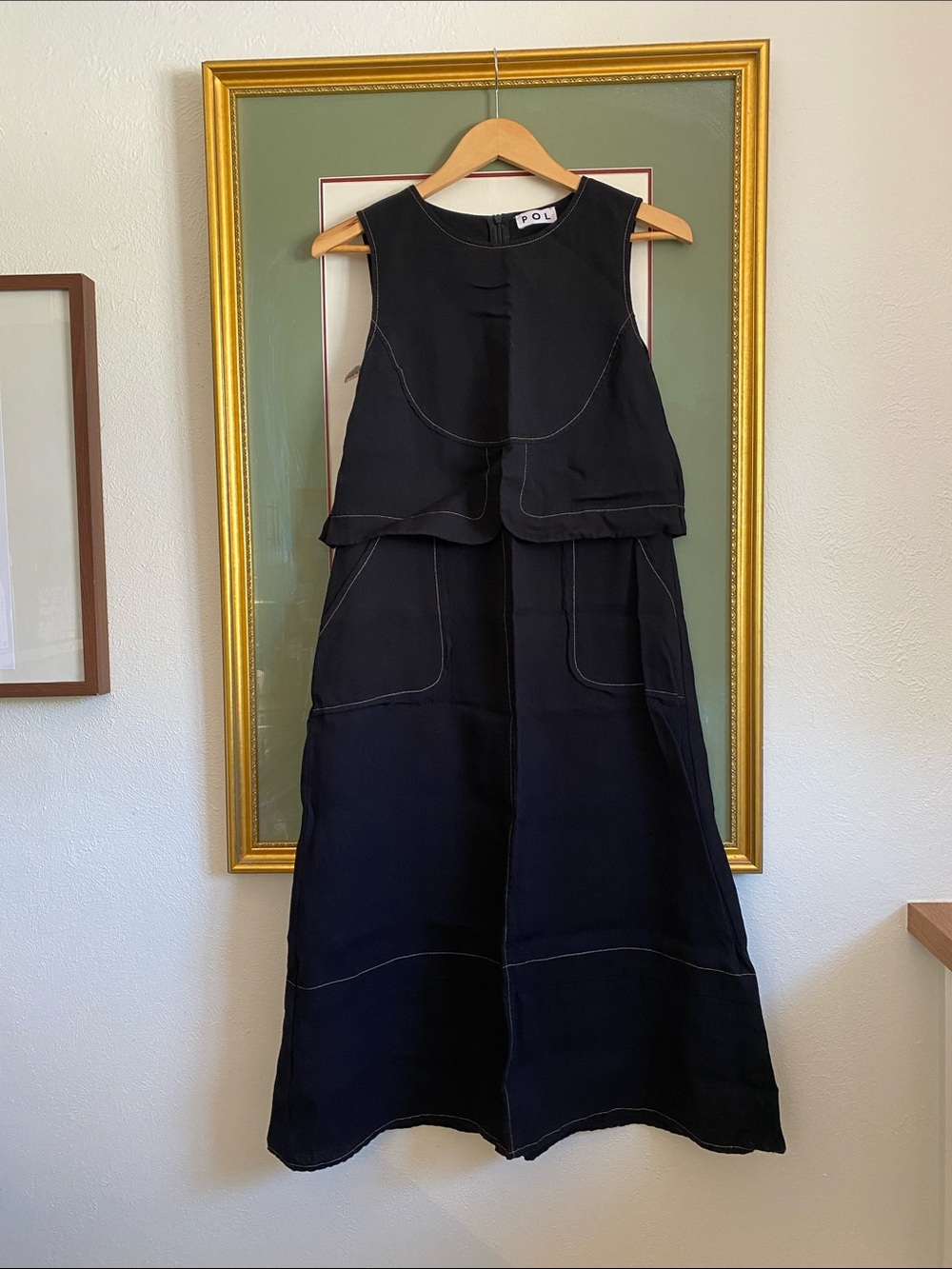 POL Black Linen Jumper Dress w/Zipper, Frayed Edges, Contrast Stitching, Pockets